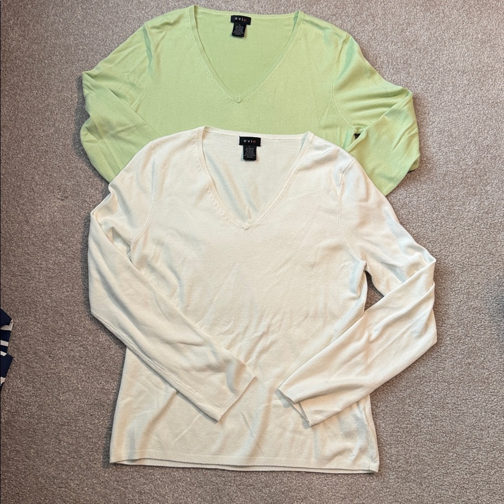 Pretty Evie sweaters. Green and white v-necks